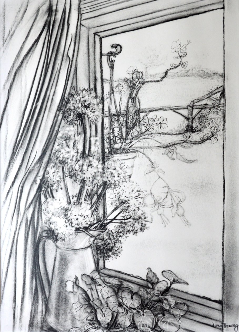 Widok przez okno domku, 1970 (węgiel) autorstwa Joan Thewsey