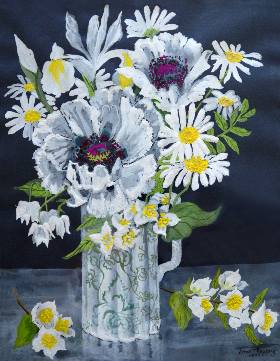 Białe maki, Marguerites i Philadelphus (gwasz) autorstwa Joan Thewsey