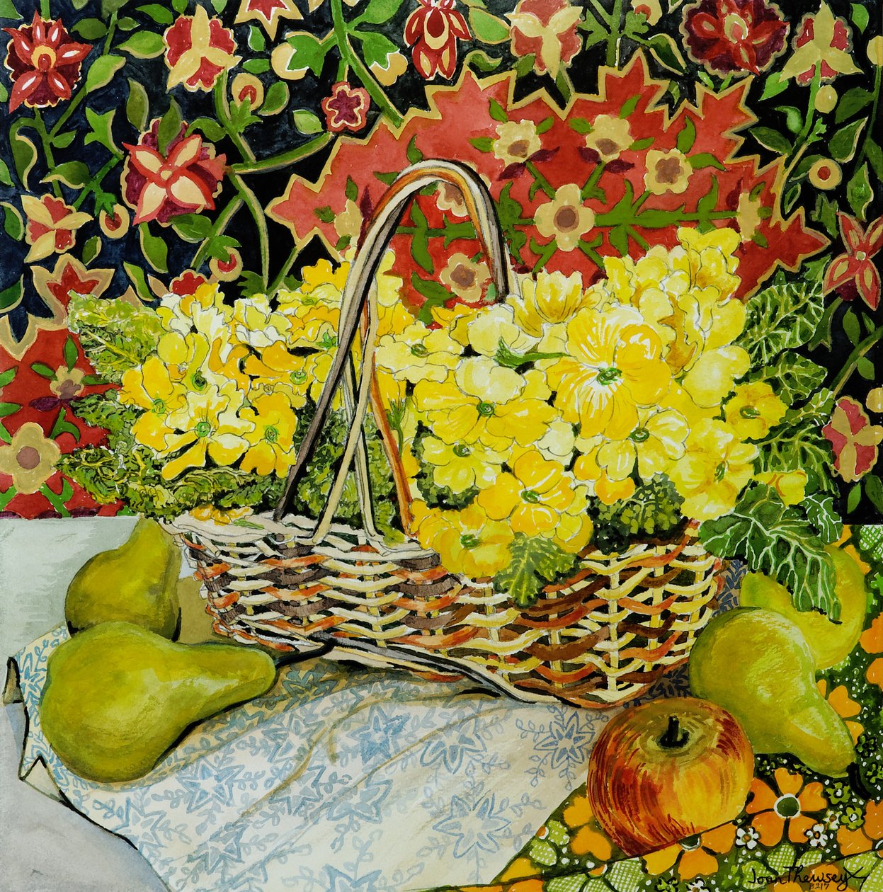 Żółte pierwiosnki w koszu, z owocami i tekstyliami, 2010.akwarela autorstwa Joan Thewsey