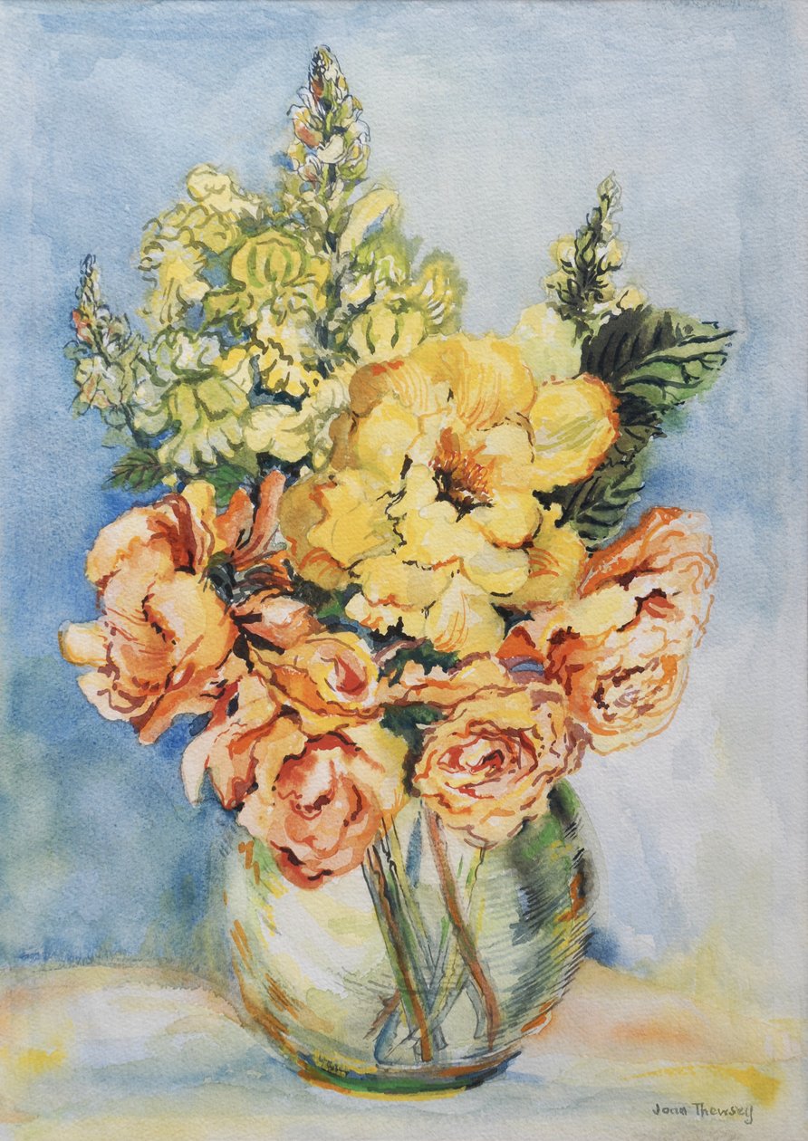 Żółte róże i antyrrhinum, 2001, (wc na papierze czerpanym) autorstwa Joan Thewsey