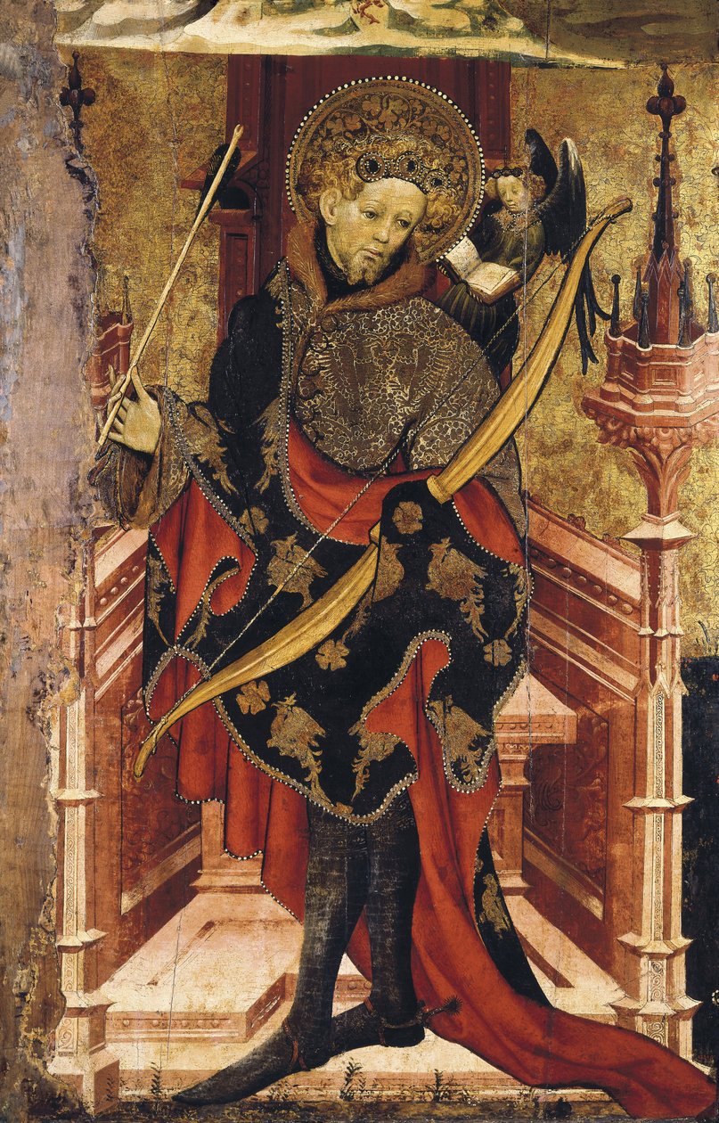 Święty Sebastian i Ukrzyżowanie. ok. 1417-25 (tempera na drewnie) autorstwa Joan or Juan Mates