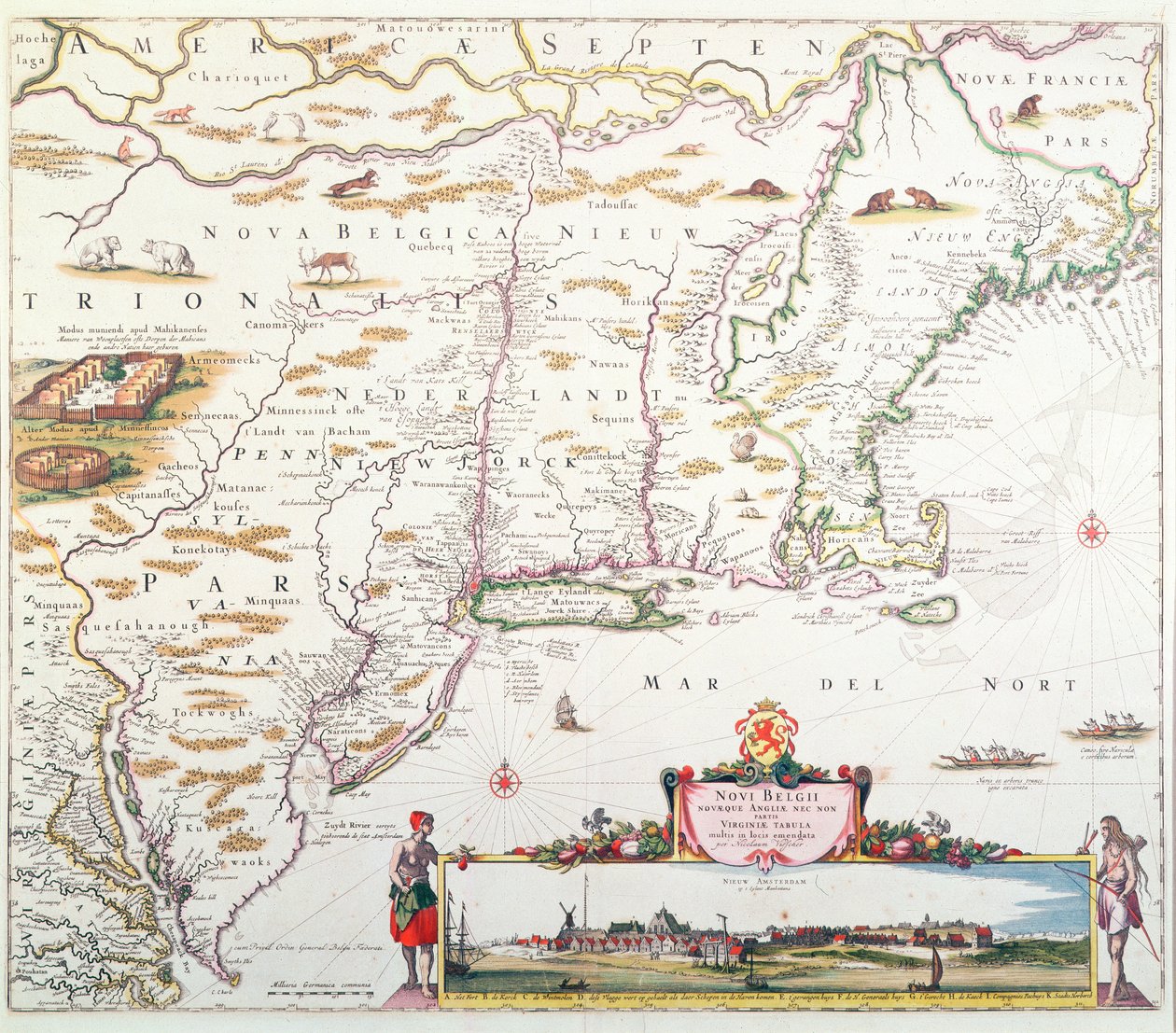 Mapa Nowej Belgii z widokiem na Nowy Amsterdam, opracowana przez Nicolaesa Visschera (1618-1709) ok. 1651-55 (ręcznie kolorowane grawerowanie) autorstwa Joannes Jansson