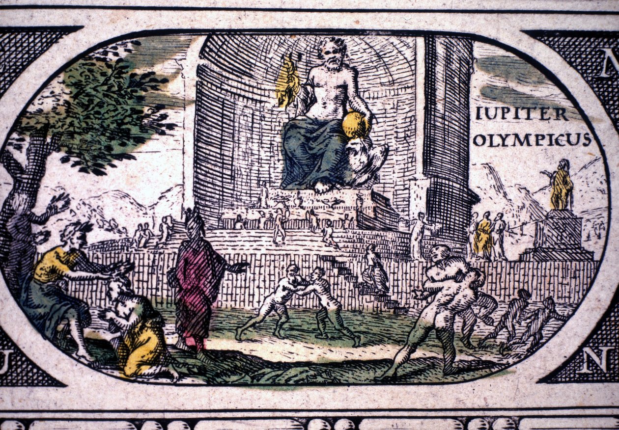 Przedstawienie siedmiu cudów starożytności: posąg Jowisza (Zeusa) autorstwa Fidiasza - w "Atlasie" Janssona Jannsoniusa, wydrukowany w Amsterdamie w 1630 r. autorstwa Joannes Jansson