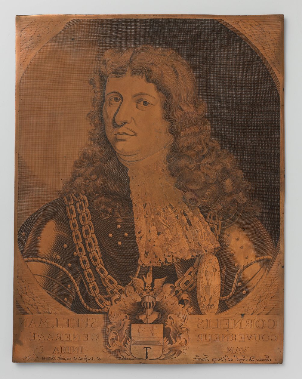 Miedziorytowa płyta z portretem (napierśnik) Cornelisa Speelmana 1640-1684, Generalnego Gubernatora Holenderskich Indii Wschodnich 1681-1684 autorstwa Joannes de Jongh