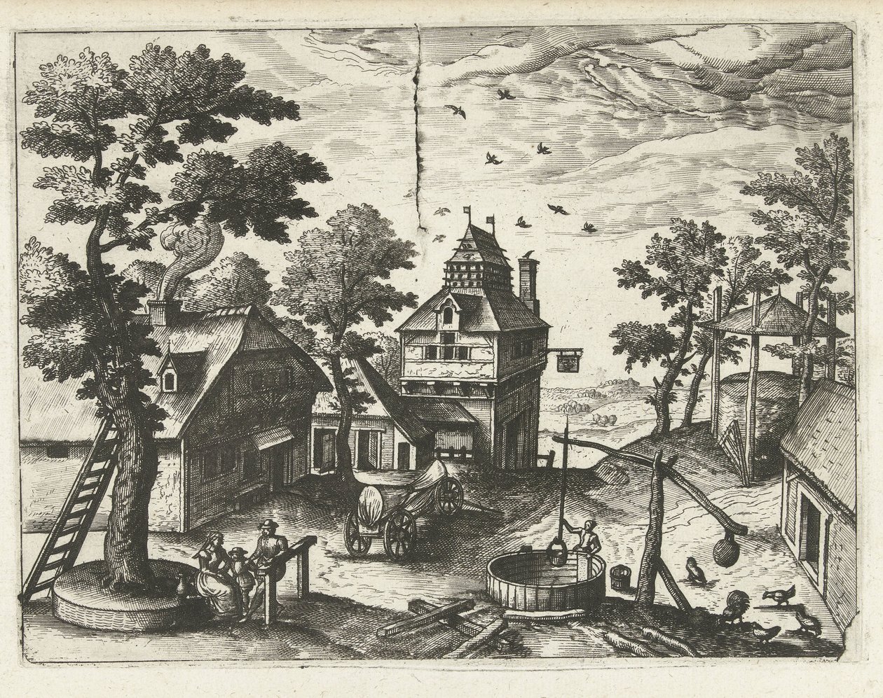 Karczma ze studnią Pejzaże, pejzaże morskie i pomysłowe pejzaże miejskie (tytuł serii) autorstwa Joannes van Doetechum (I) (attributed to)