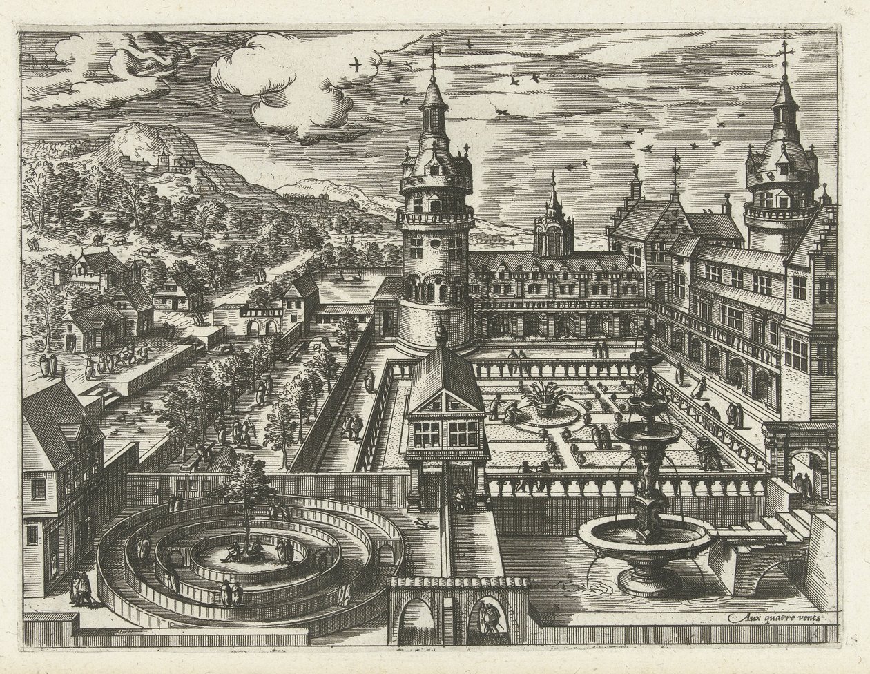 Zamek z labiryntem i fontanną Pejzaże, pejzaże morskie i pomysłowe pejzaże miejskie (tytuł serii) autorstwa Joannes van Doetechum (I) (attributed to)