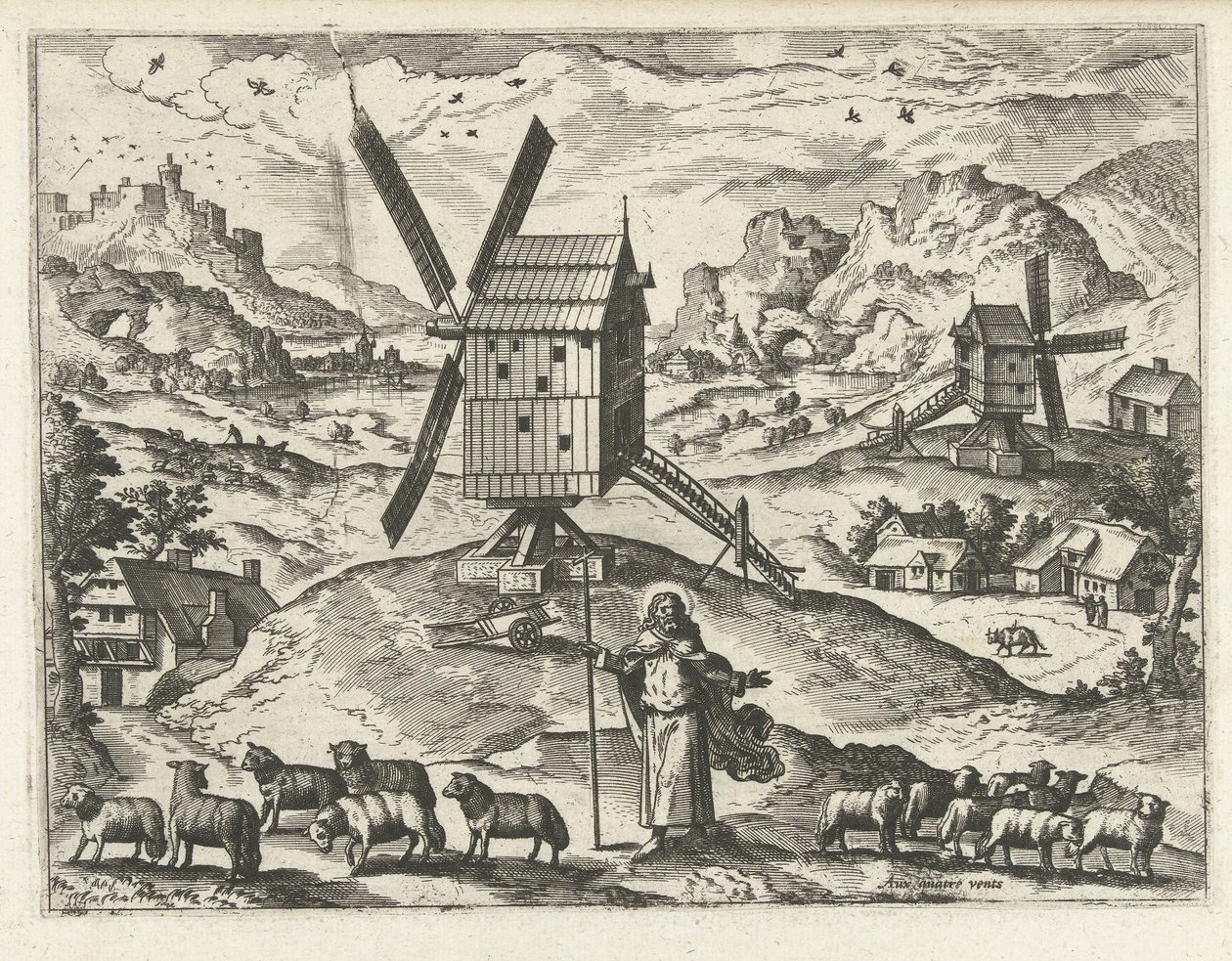 Krajobraz z Chrystusem jako Dobrym Pasterzem Pejzaże, pejzaże morskie i pomysłowe pejzaże miejskie (tytuł serii) autorstwa Joannes van Doetechum (I) (attributed to)