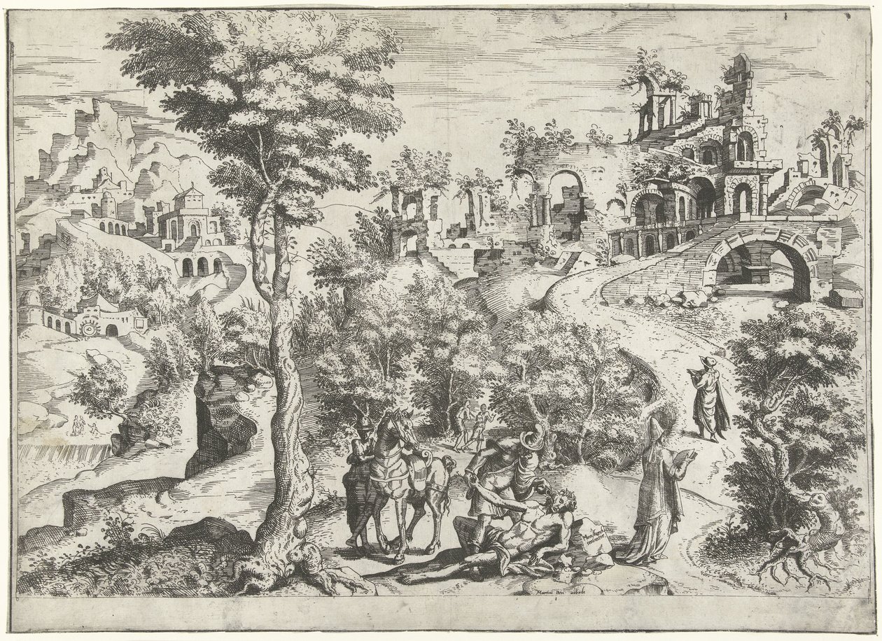 Krajobraz z Miłosiernym Samarytaninem autorstwa Joannes van Doetechum (I) (attributed to)