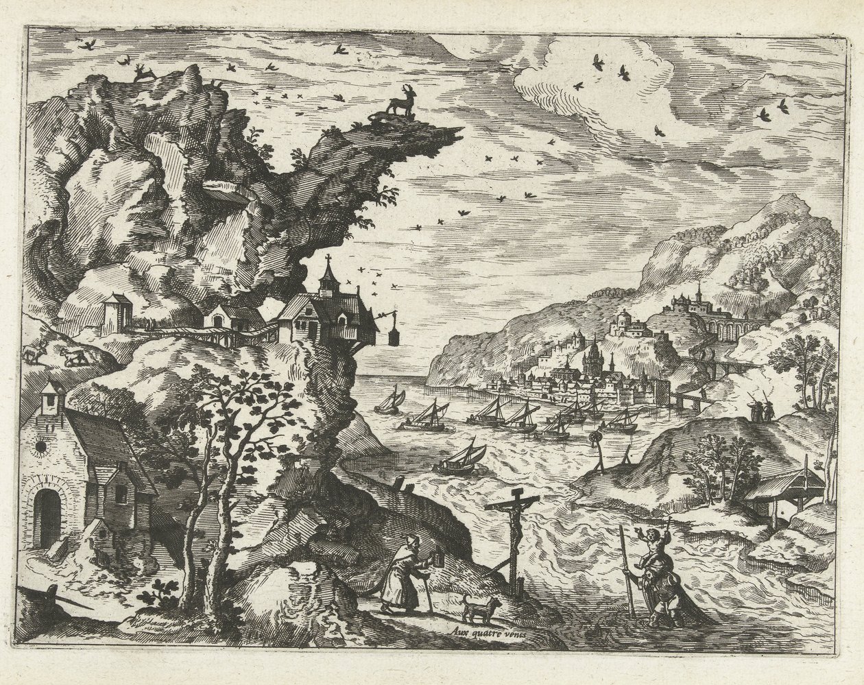 Krajobraz ze św. Krzysztofem Pejzaże, pejzaże morskie i pomysłowe pejzaże miejskie (tytuł serii) autorstwa Joannes van Doetechum (I) (attributed to)