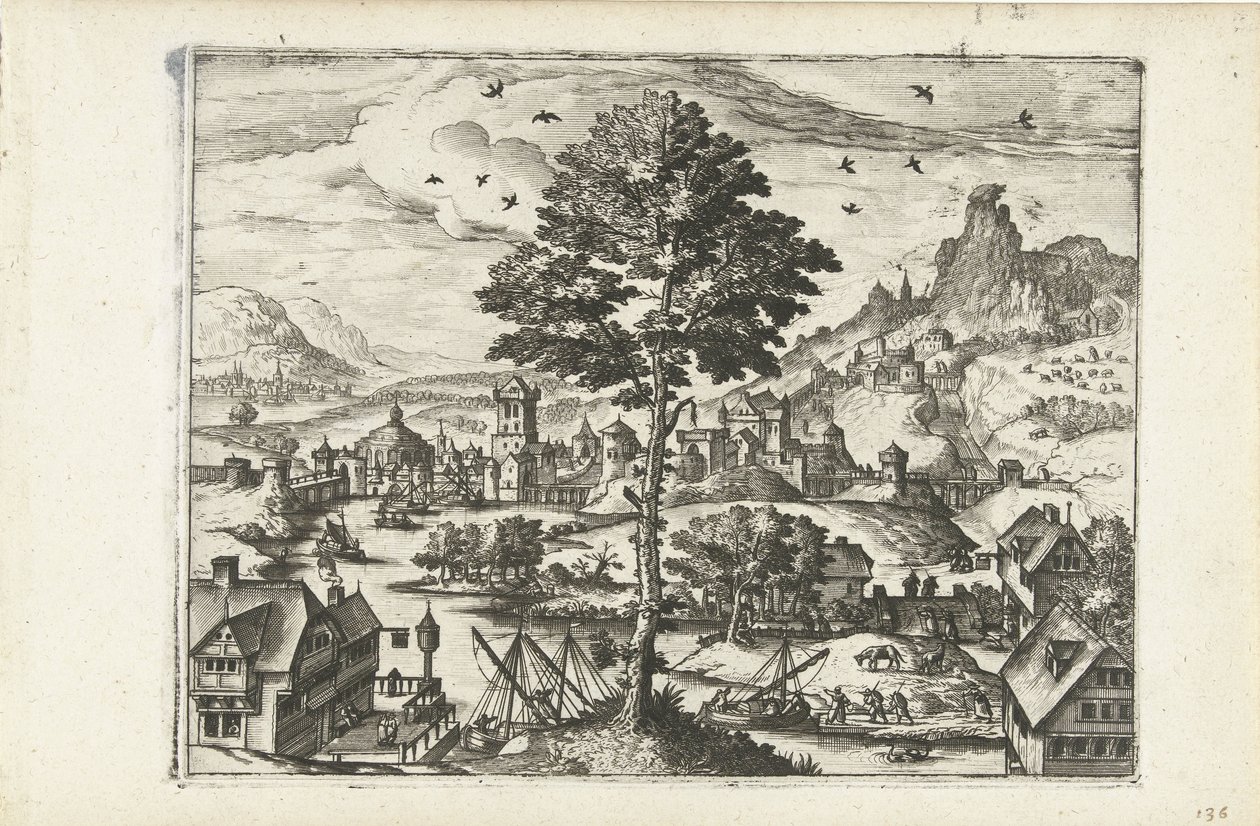 Krajobraz z miastem nad rzeką Pejzaże, pejzaże morskie i pomysłowe pejzaże miejskie (tytuł serii) autorstwa Joannes van Doetechum (I) (attributed to)
