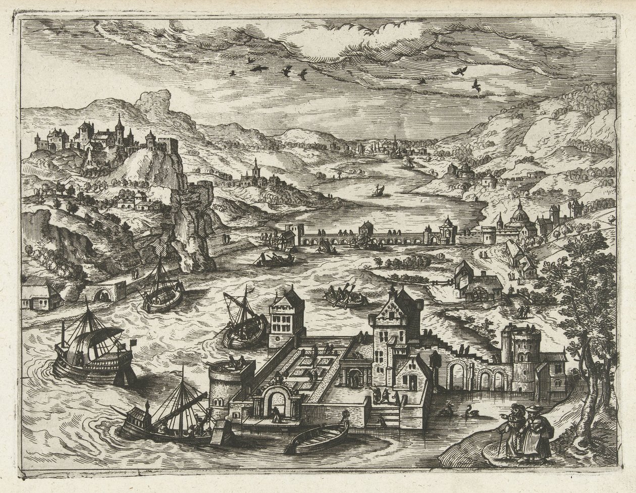 Krajobraz rzeki z zamkiem z fosą Pejzaże, pejzaże morskie i pomysłowe pejzaże miejskie (tytuł serii) autorstwa Joannes van Doetechum (I) (attributed to)