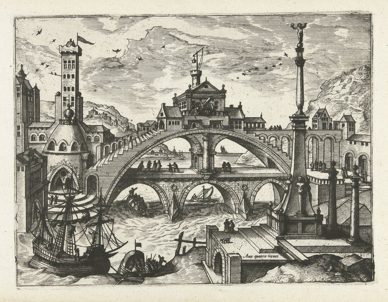 Miasto z wybudowanym mostem Pejzaże, pejzaże morskie i pomysłowe pejzaże miejskie (tytuł serii) autorstwa Joannes van Doetechum (I) (attributed to)
