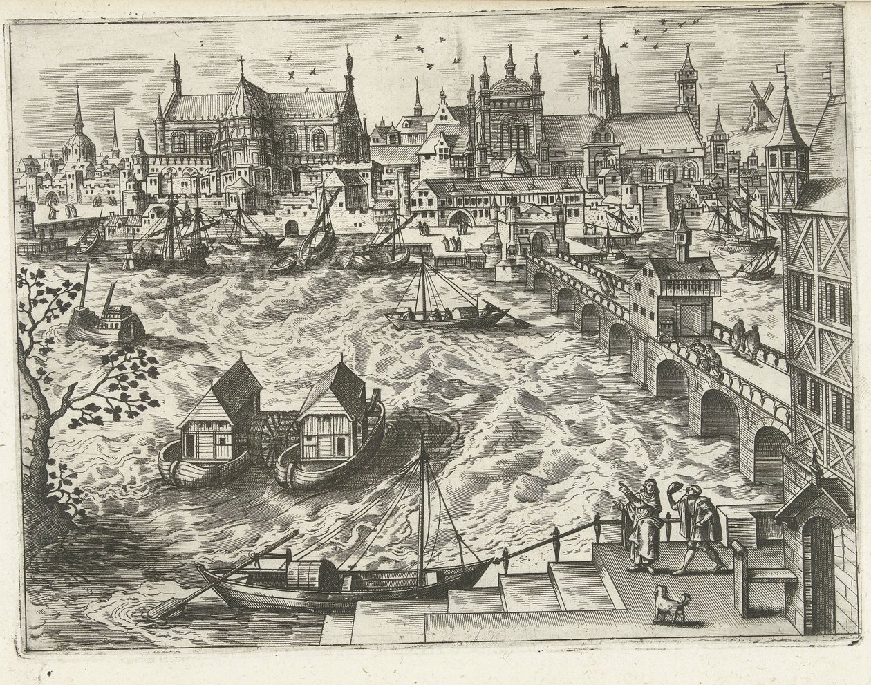 Pejzaż miejski z mostem i portem Pejzaże, pejzaże morskie i pomysłowe pejzaże miejskie (tytuł serii) autorstwa Joannes van Doetechum (I) (attributed to)
