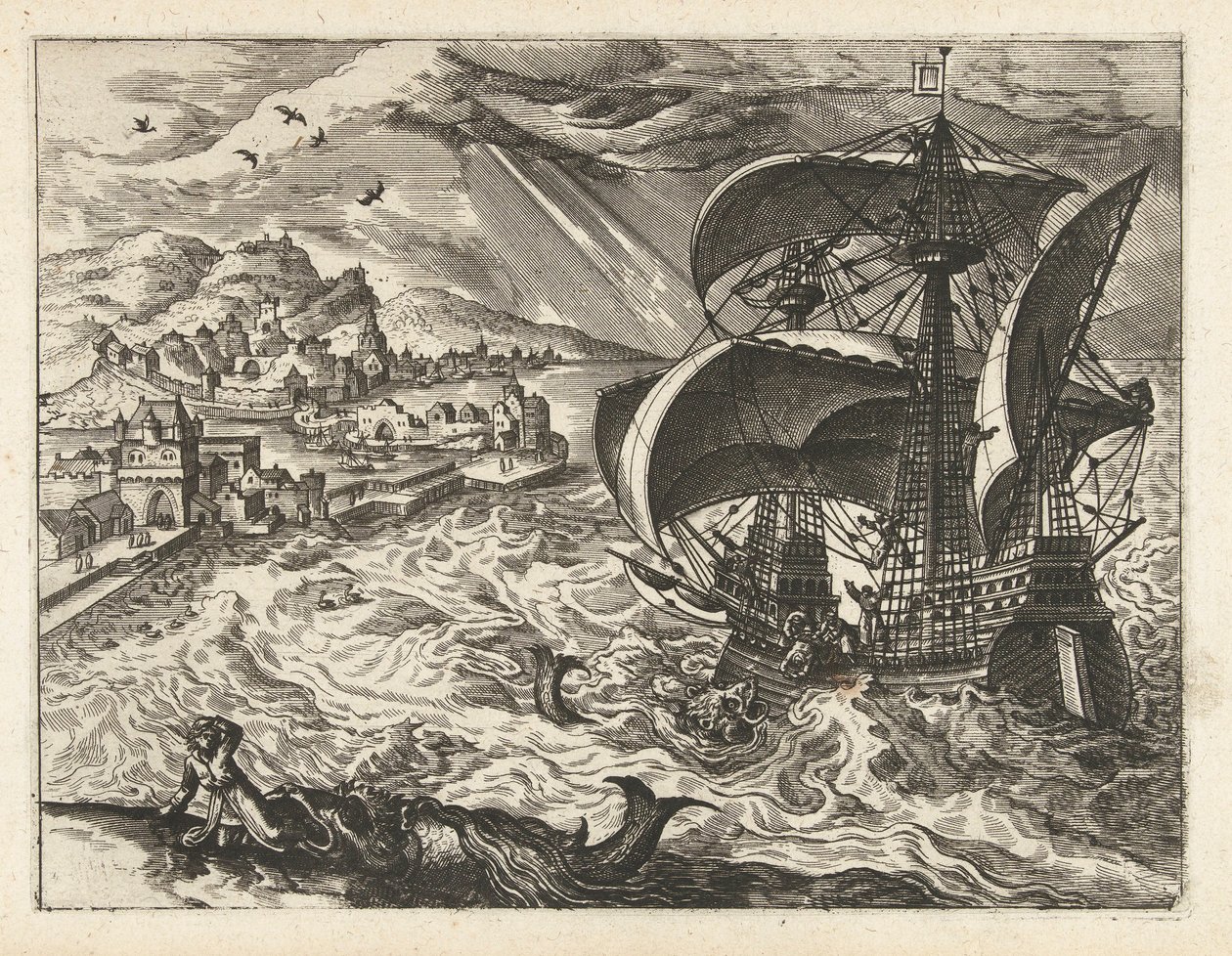 Pejzaż morski z Jonaszem i wielorybem Pejzaże, pejzaże morskie i pomysłowe pejzaże miejskie (tytuł serii) autorstwa Joannes van Doetechum (I) (attributed to)
