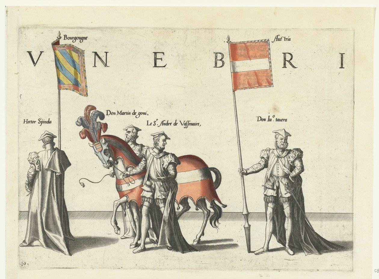 Część procesji, nr 10 Procesja pogrzebowa cesarza Karola V, 1558 (tytuł serii) autorstwa Joannes van Doetechum (I)