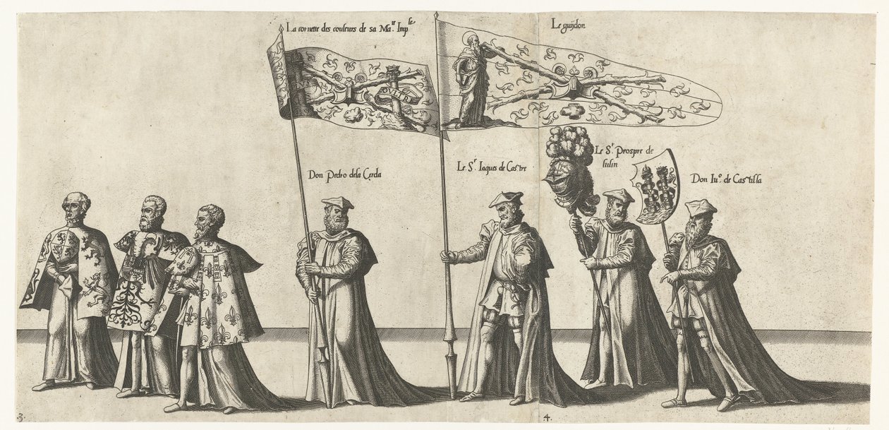 Deel van de optocht, nr. 3 w 4 Begrafenisoptocht van keizer Karel V, 1558 (tytuł serii) Wspaniała i wystawna pompa pogrzebowa, wykonana na pogrzebie i pogrzebie bardzo wielkiego i bardzo zwycięskiego cesarza Karola Piątego, obchodzona w mieście Bru autorstwa Joannes van Doetechum (I)