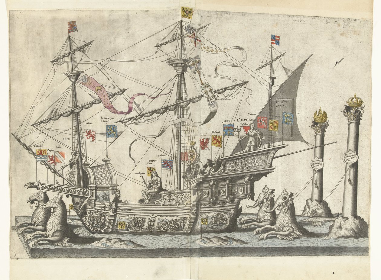 Het statek Victoria, nr. 5 Begrafenisoptocht van keizer Karel V, 1558 (tytuł serii) Wspaniała i wystawna pompa pogrzebowa, wykonana na pogrzebie i pogrzebie bardzo wielkiego i bardzo zwycięskiego cesarza Karola Piątego, obchodzona w Brukseli autorstwa Joannes van Doetechum (I)