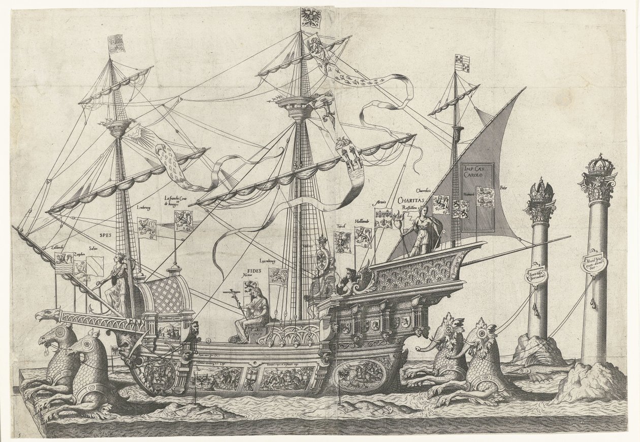 Statek Victoria, nr 5 Procesja pogrzebowa cesarza Karola V, 1558 (tytuł serii) autorstwa Joannes van Doetechum (I)