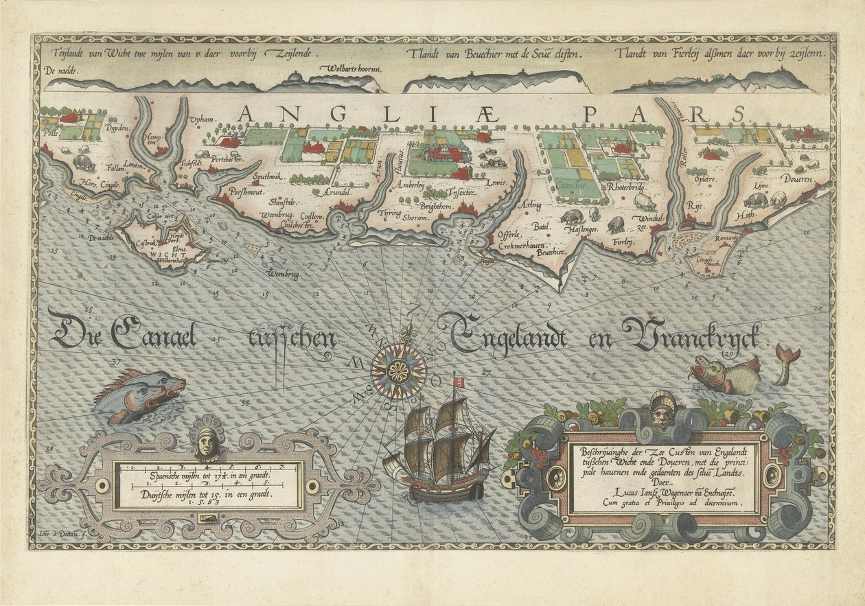 Mapa południowo-angielskiego wybrzeża między wyspą Wight i Dover Descriptionhe der Zee Custen van Englandt między Wicht ende Doueren (tytuł na obiekcie) autorstwa Joannes van Doetechum (I)