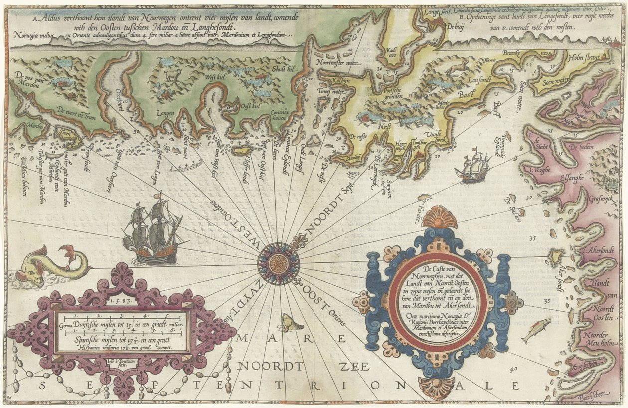 Mapa wybrzeża Norwegii i Szwecji między Merdøy i Uddevalla Custe van Noorweghen, z terenami z północy na wschód na zachodzie i kształtem (...) (tytuł obiektu) autorstwa Joannes van Doetechum (I)