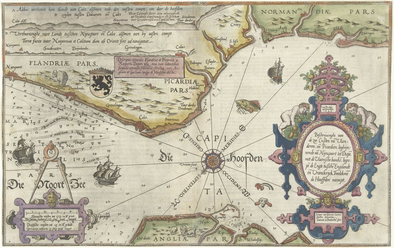 Mapa wybrzeży Flandrii, Normandii i Anglii Opis morza Custen van Vlanderen ende Picardien (...) (tytuł na obiekcie) autorstwa Joannes van Doetechum (I)
