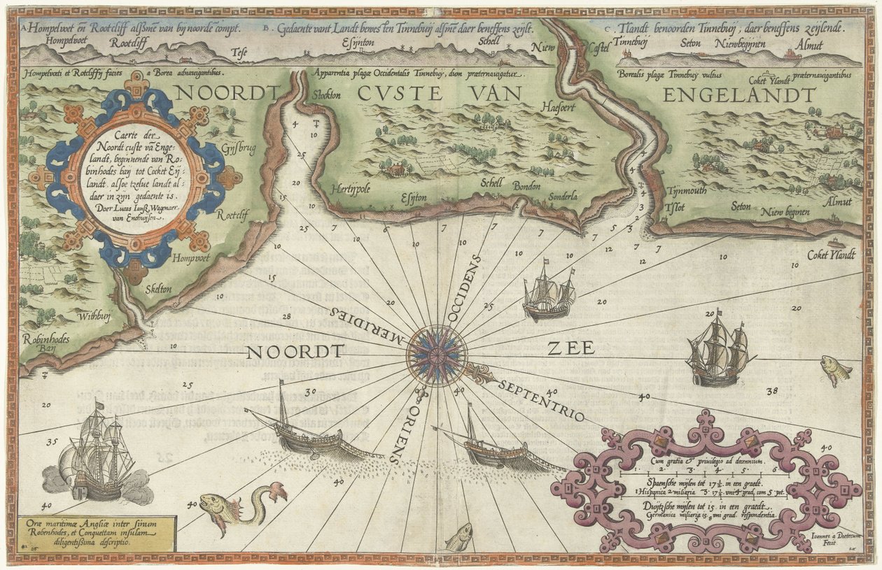 Mapa północnego wybrzeża Anglii w Newcastle upon Tyne Caerte der Noordt custe van Englandt, począwszy od Robinhodes baij do Cocket Eijlandt (...) (tytuł na obiekcie) autorstwa Joannes van Doetechum (I)