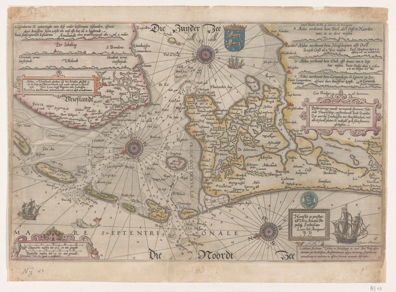 Mapa Vlie i Marsdiep Opishe vande vermaerde stroemen, Tvlie i Tmaersdiep, upstreckende W Zuijder Zee popłynął w Enchuijsen do Amstelredam, ze wszystkimi płytami piasku i płytkimi na sobie stroemen gheleghen (tytuł na obiekcie) autorstwa Joannes van Doetechum (I)