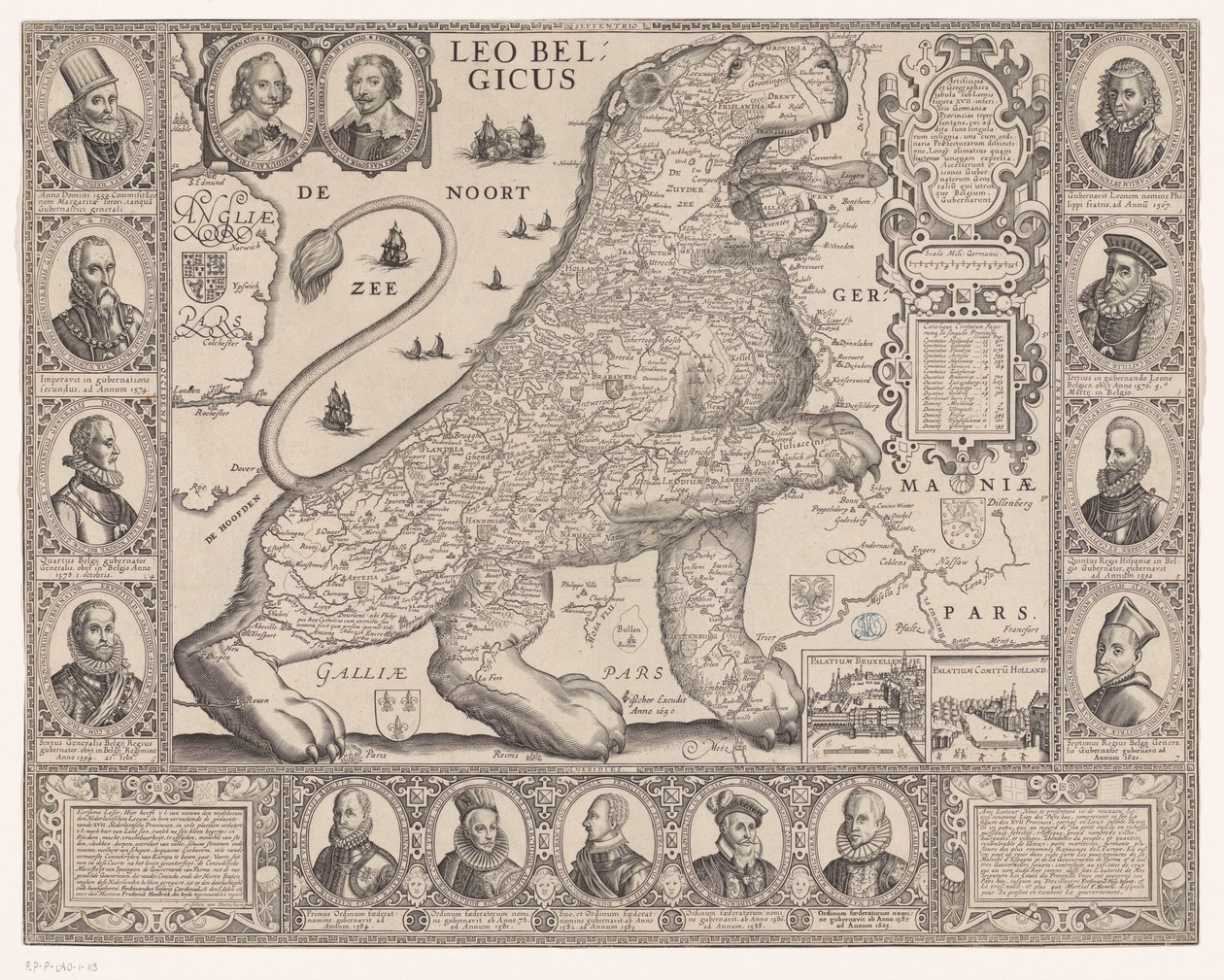 Mapa siedemnastu prowincji w kształcie lwa holenderskiego Leo Belgicus (tytuł na obiekcie) autorstwa Joannes van Doetechum (II)