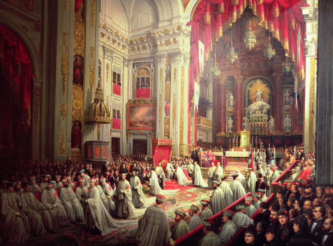 Inwestytura króla Alfonsa XII (1857-85) jako Wielkiego Mistrza Orderów Wojskowych autorstwa Joaquin Siguenza