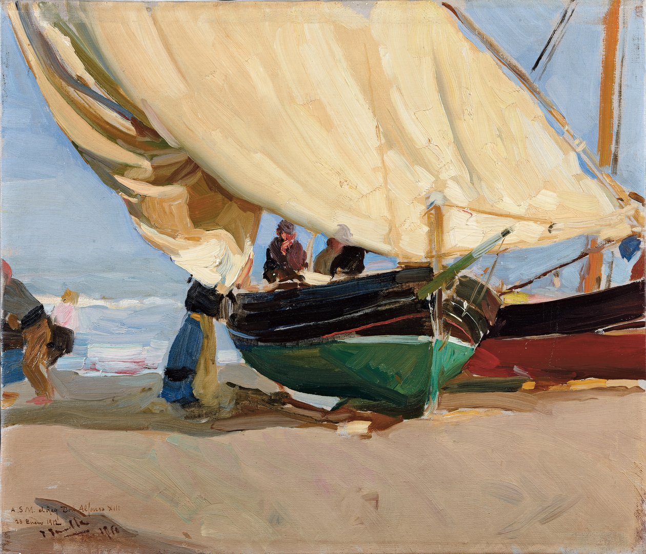 Rybacy, splątane łodzie, Walencja; Rybacy, łodzie wyrzucone na brzeg, Walencja, autorstwa Joaquín Sorolla