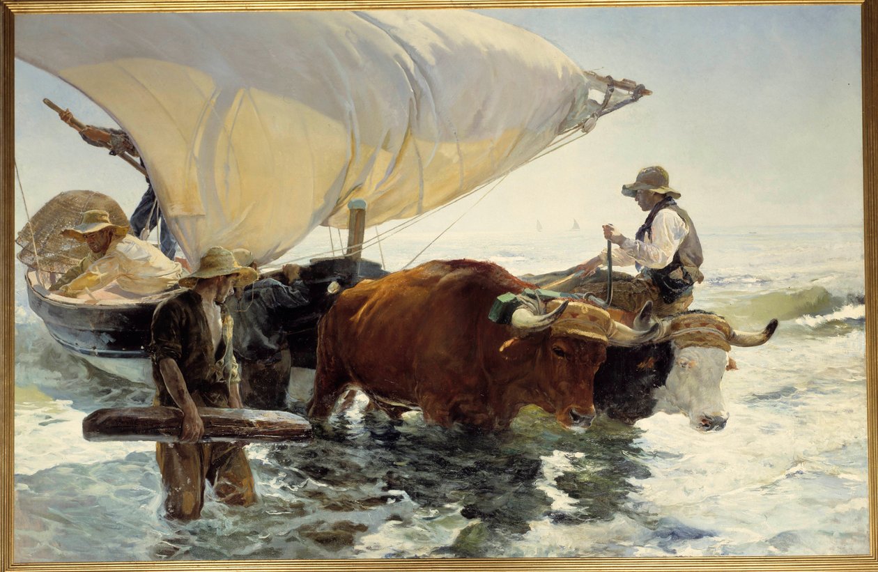 Powrót z wędkowania, holowanie łodzi Obraz Joaquina Sorolla y Bastida (1863-1923) Nd. 2,6x3,2m. XIX-wieczny Paryż, musee d