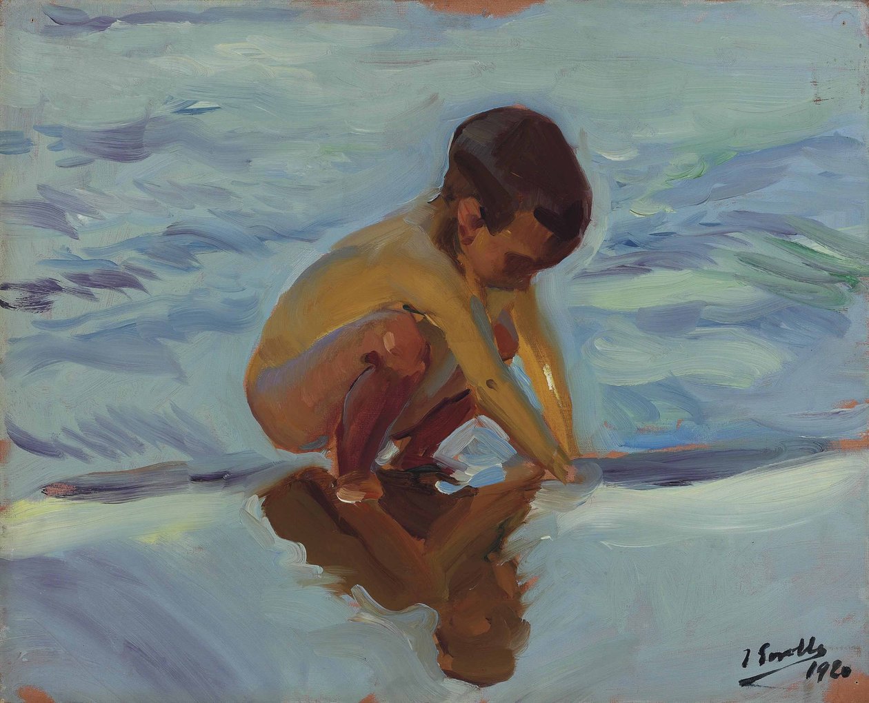 Podświetlenie na plaży, chłopiec w kucki autorstwa Joaquín Sorolla