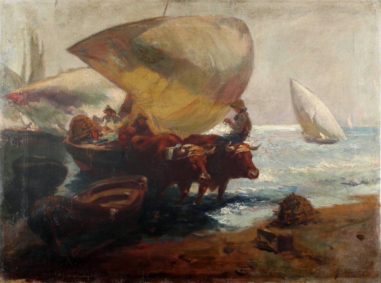 Scena na plaży z postaciami i bykami autorstwa Joaquín Sorolla