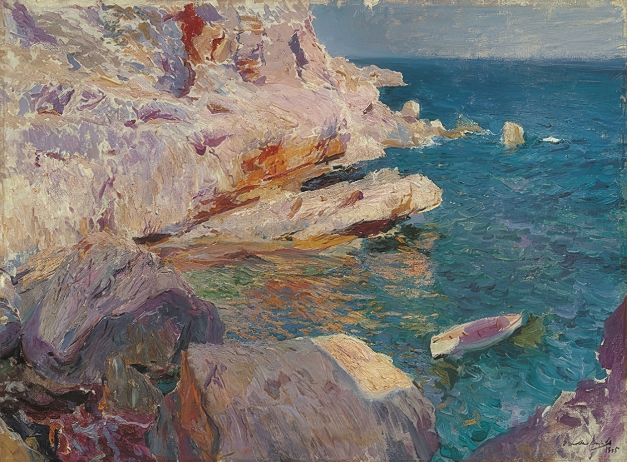 Skała Jávea z białą łodzią. 1905 autorstwa Joaquín Sorolla