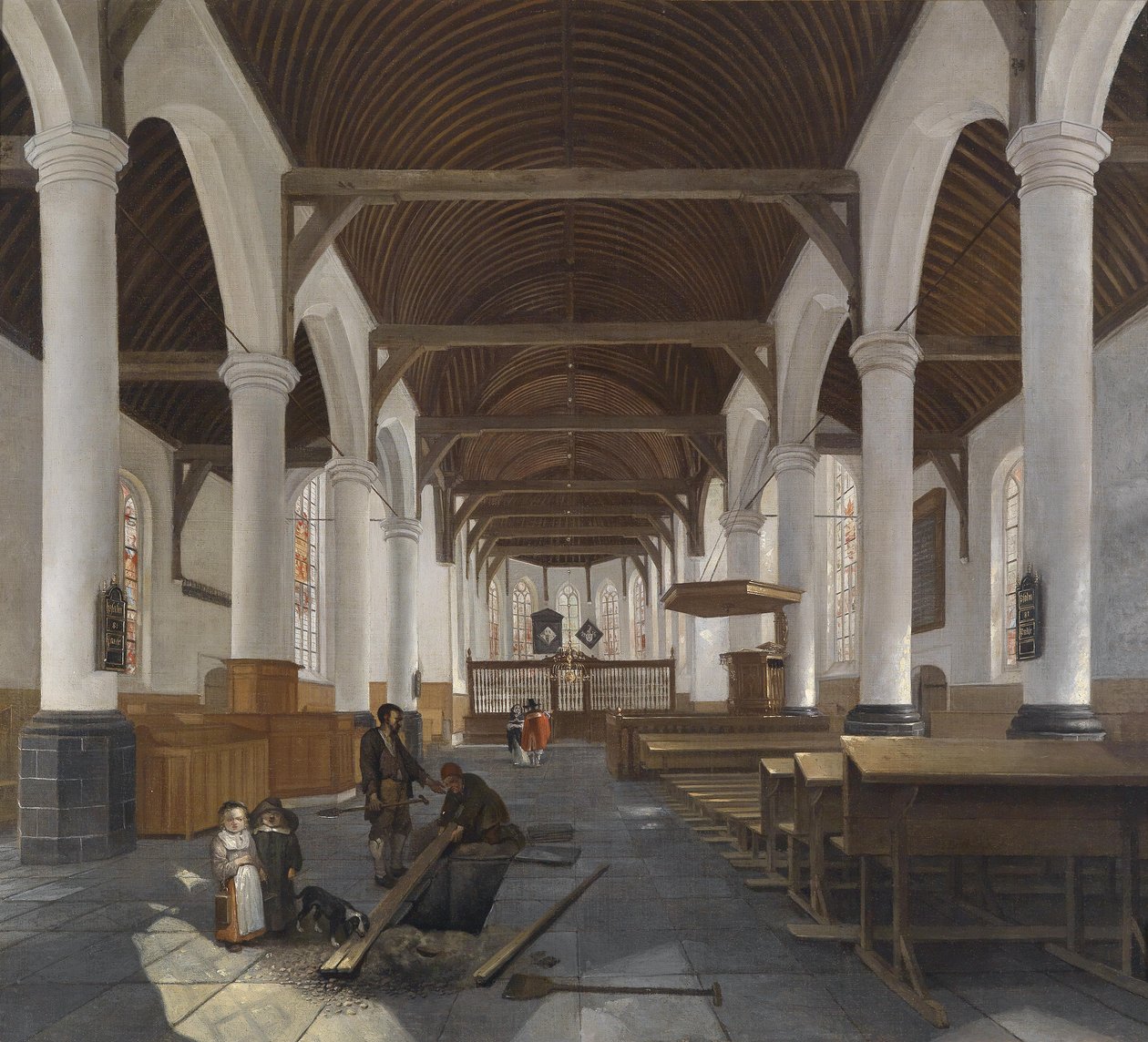Wnętrze barokowego kościoła (Oude Kerk w Amsterdamie?) autorstwa Job Berckheyde