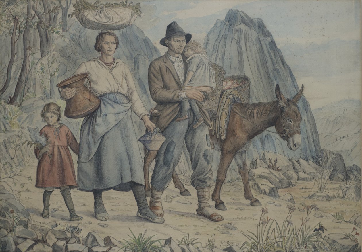 Rodzina z Anticoli Corrardo, Idąc na targ, 1928 (toaleta z piórem i atramentem na papierze) autorstwa Job Nixon