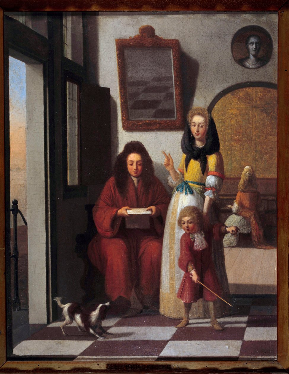 Scena gatunkowa Rodzina we wnętrzu. Matka trzyma syna bawiącego się z psem. Obraz Job Berckheyde (1630-1696) XVII-wieczny Awinion, Calvet Museum autorstwa Job Berckheyde