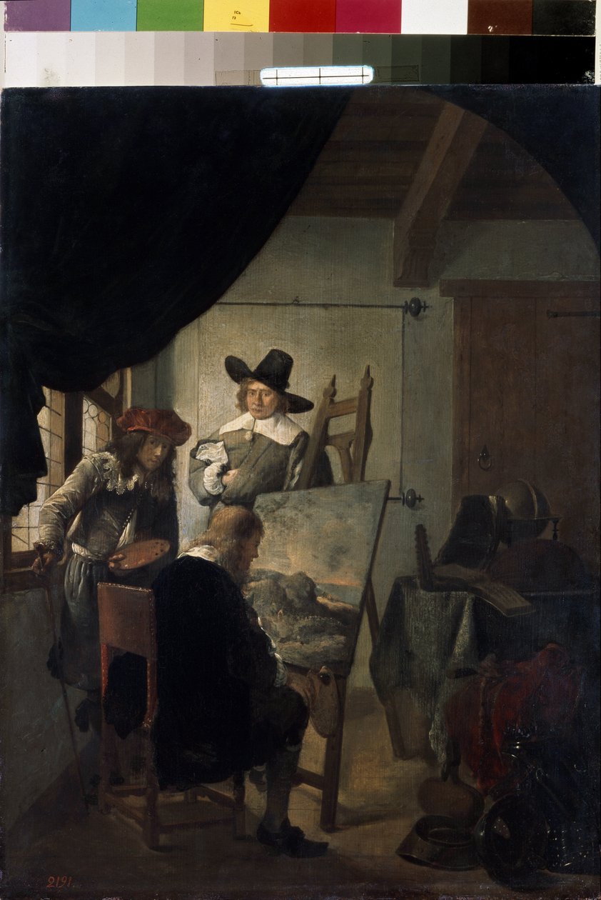 "Wizyta w pracowni malarza w Holandii" (Wizyta w pracowni malarza) Obraz Job Adriaensz Berckheyde (1630-1693) 1659 Ermitaż, Sankt Petersburg, Rosja. autorstwa Job Berckheyde
