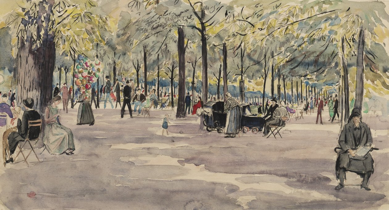 Ogrody Tuileries, Paryż, ok. 1925 (atrament i toaleta na papierze) autorstwa Job Nixon