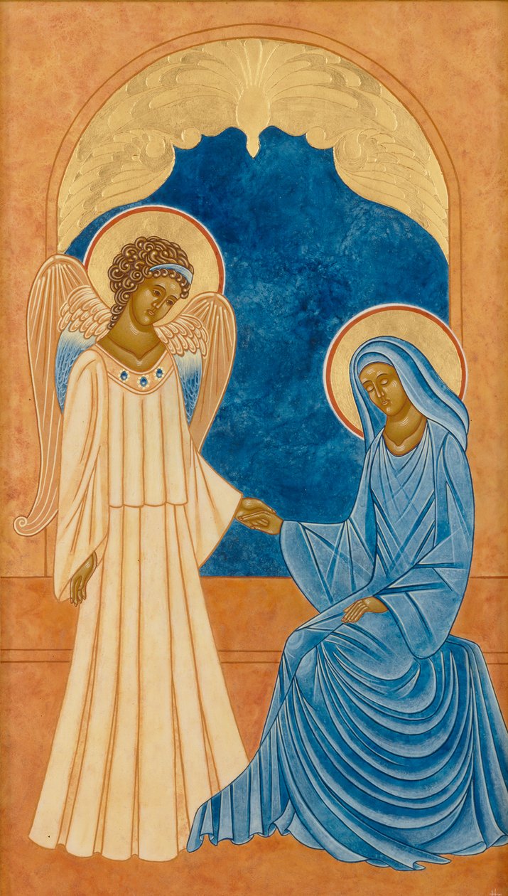 Zwiastowanie, 2005 (tempera jajowa i 24-karatowe złoto na drewnie) autorstwa Jodi Simmons