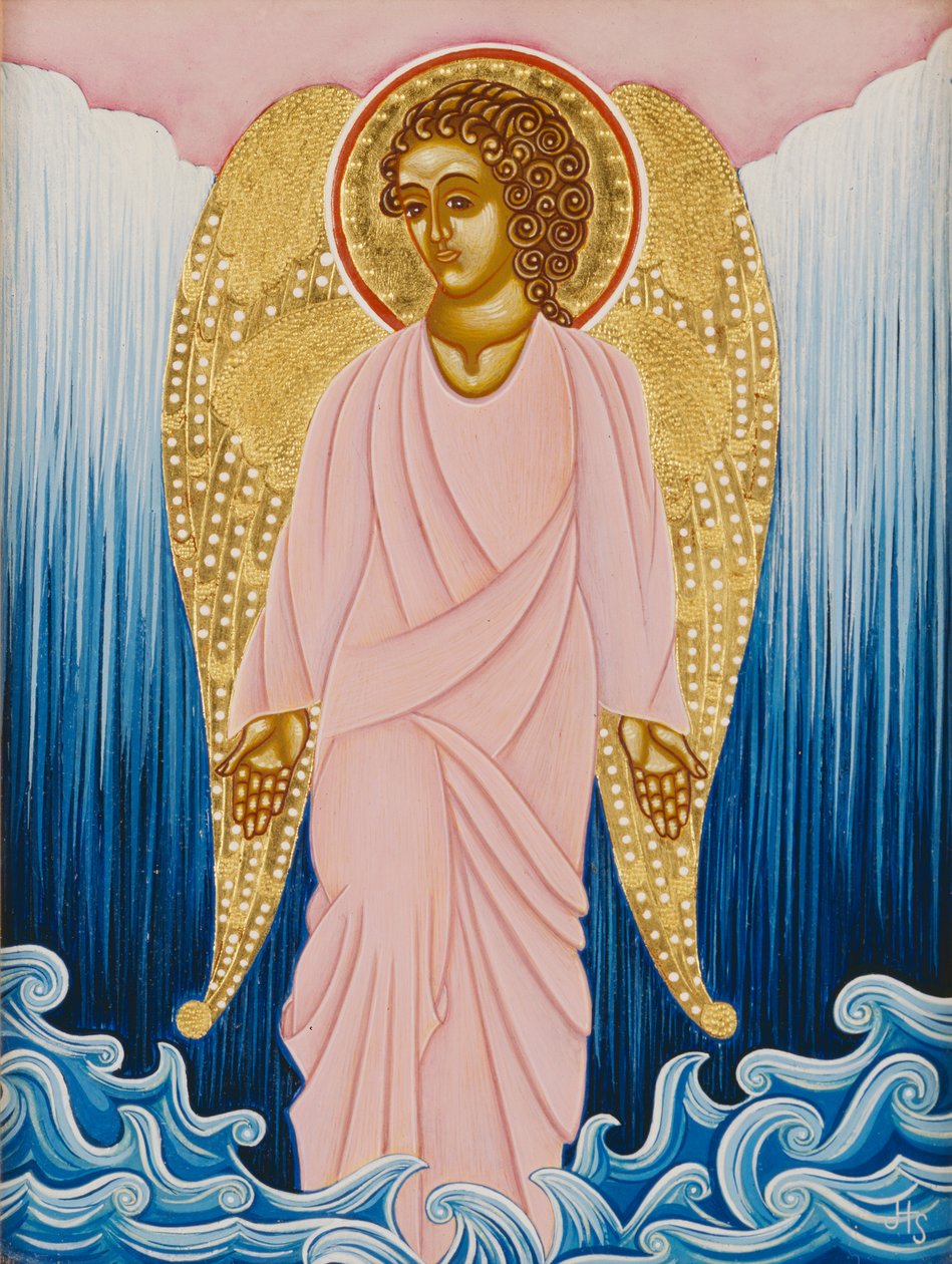Gabriel, Anioł Wody, 2004 (tempera jajowa i 24-karatowe złoto na drewnie) autorstwa Jodi Simmons