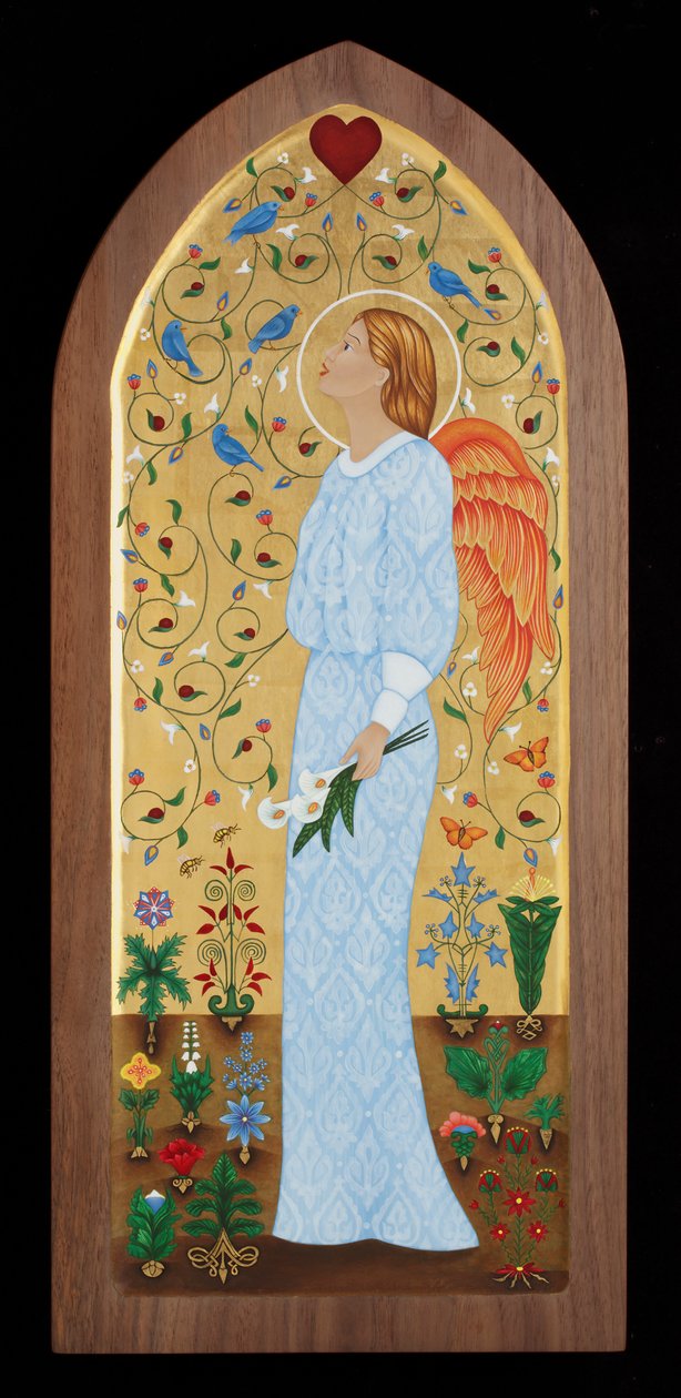Garden Angel, 2015 (tempera jajowa i 24-karatowe złoto na drewnie) autorstwa Jodi Simmons