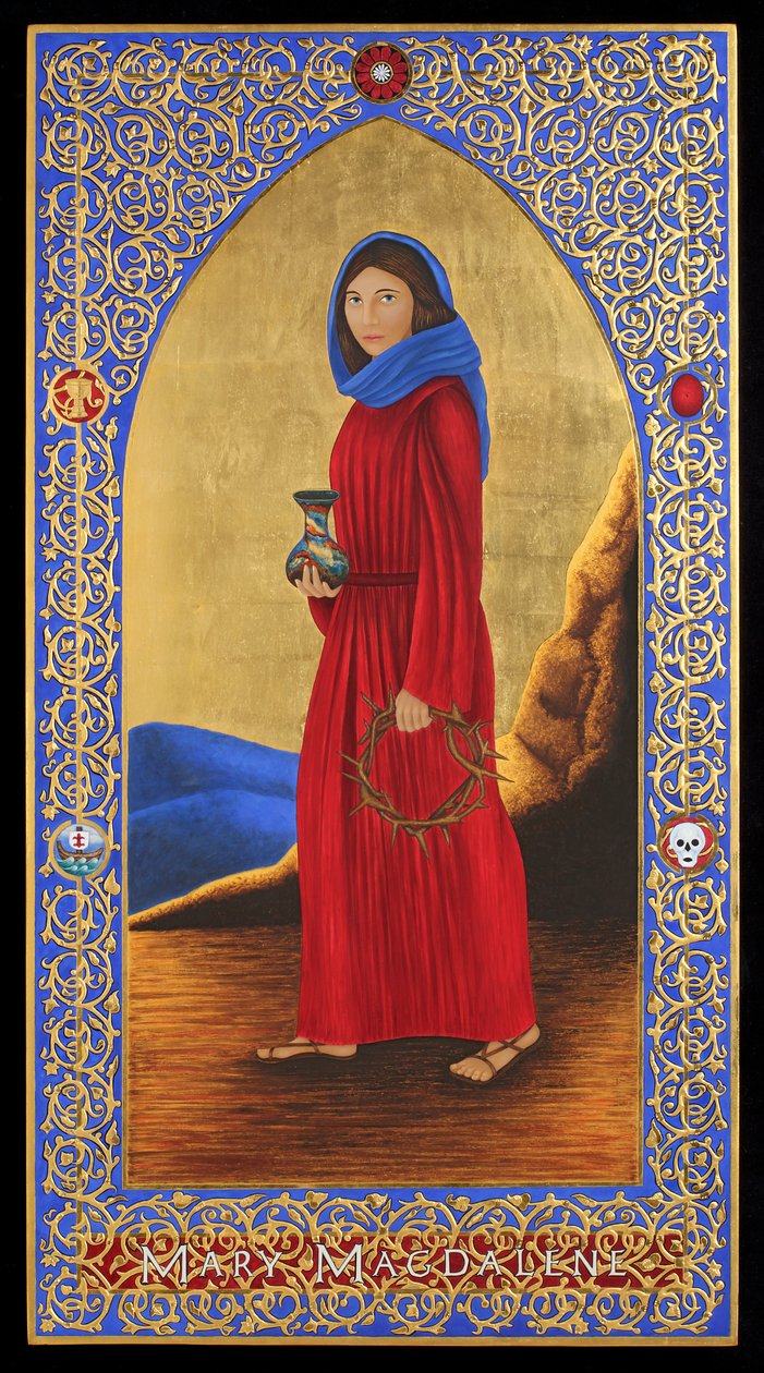 Maria Magdalena, 2016 (tempera jajowa i 24-karatowe złoto na drewnie) autorstwa Jodi Simmons