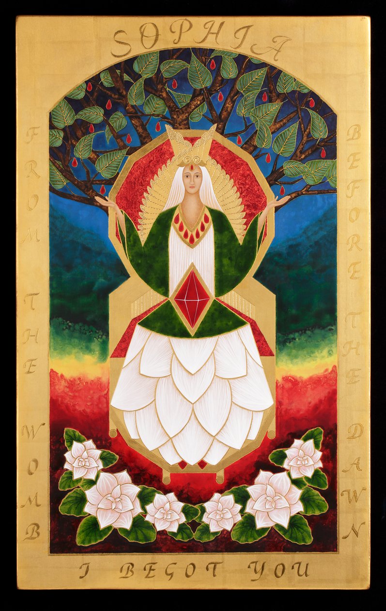 Sophia, 2015 (tempera jajowa i 24-karatowe złoto na drewnie) autorstwa Jodi Simmons