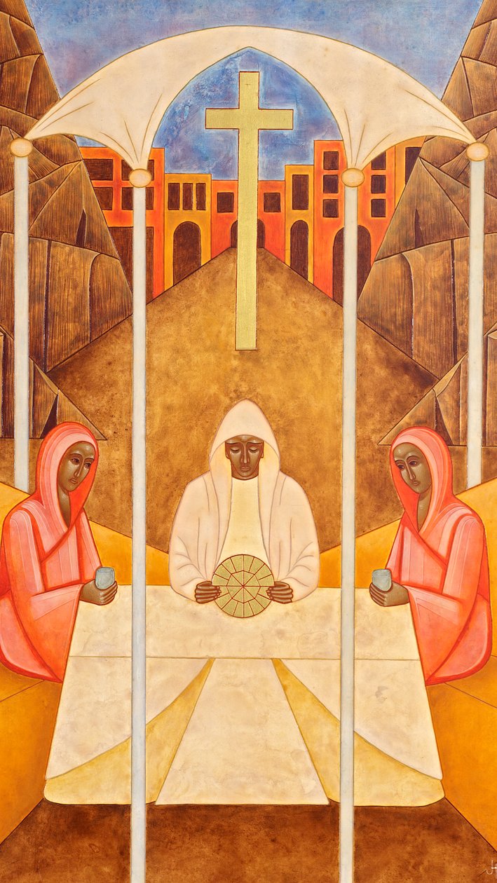 Wieczerza w Emaus, 2011 (tempera jajowa i 24-karatowe złoto na drewnie) autorstwa Jodi Simmons