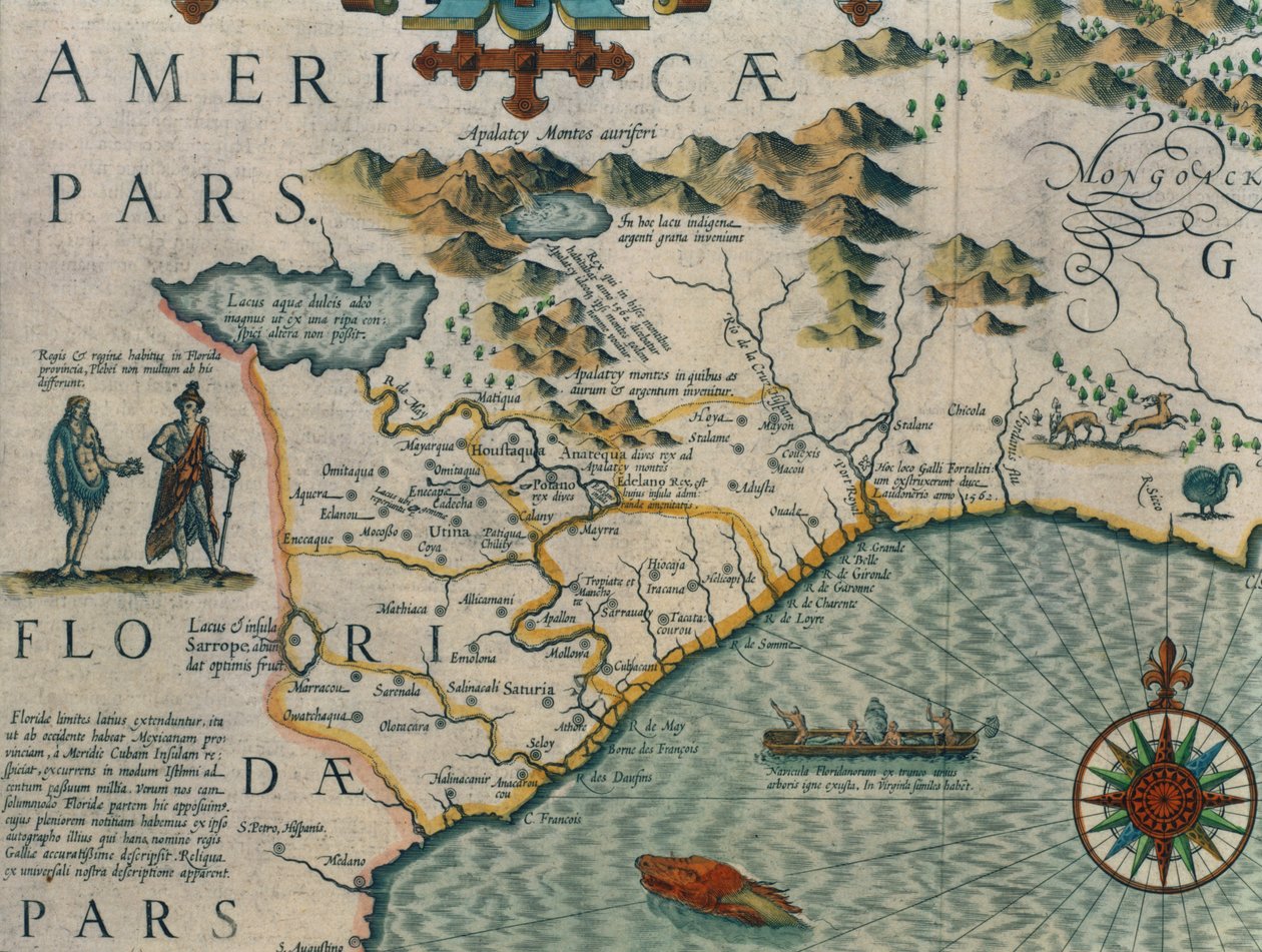 Wybrzeże Karoliny Północnej, szczegół mapy zatytułowanej Virginiae item et Floridae z Atlasu Mercatora... z 1606 r., wyd. przez Jodocus Hondius, 1619 r. rycina ręcznie kolorowana patrz także 66818, 81957 & 81958 autorstwa Jodocus Hondius