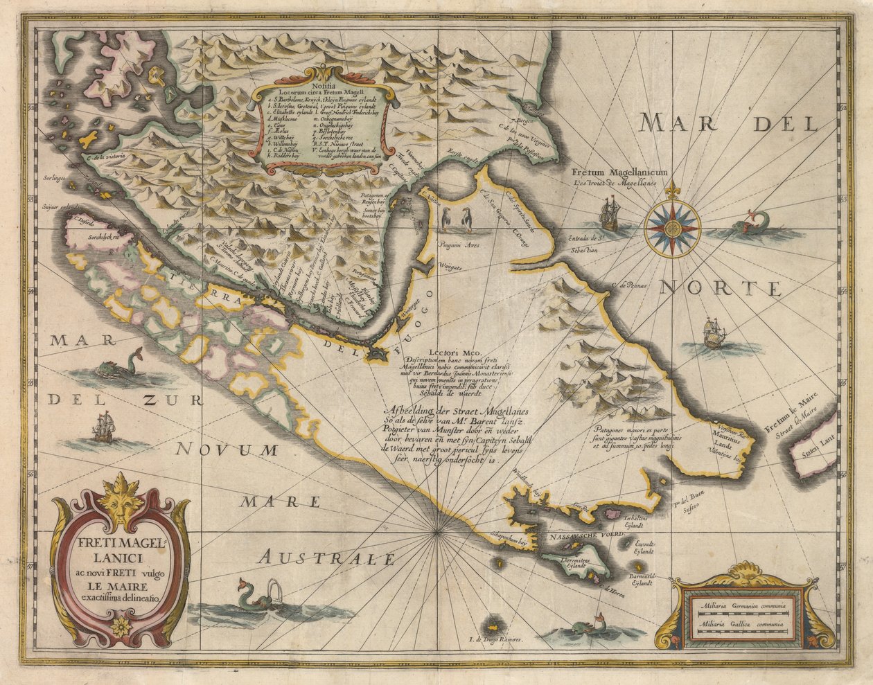 Najdokładniejsze wytyczenie Cieśniny Magellana i nowej Cieśniny powszechnie znanej jako Le Maire, ok. 1630 r. autorstwa Jodocus Hondius