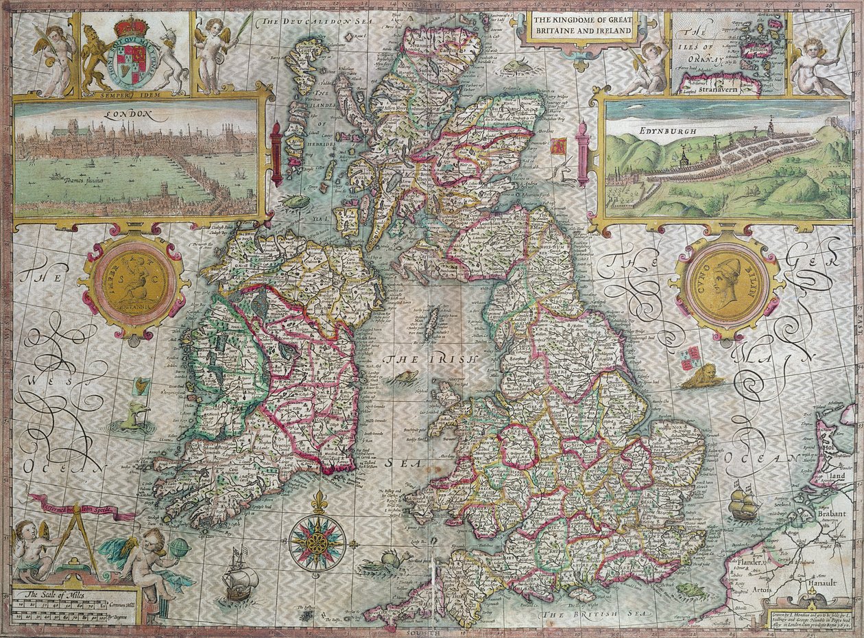 Mapa Królestwa Wielkiej Brytanii i Irlandii, 1610 (ręcznie kolorowe grawerowanie) autorstwa Jodocus Hondius