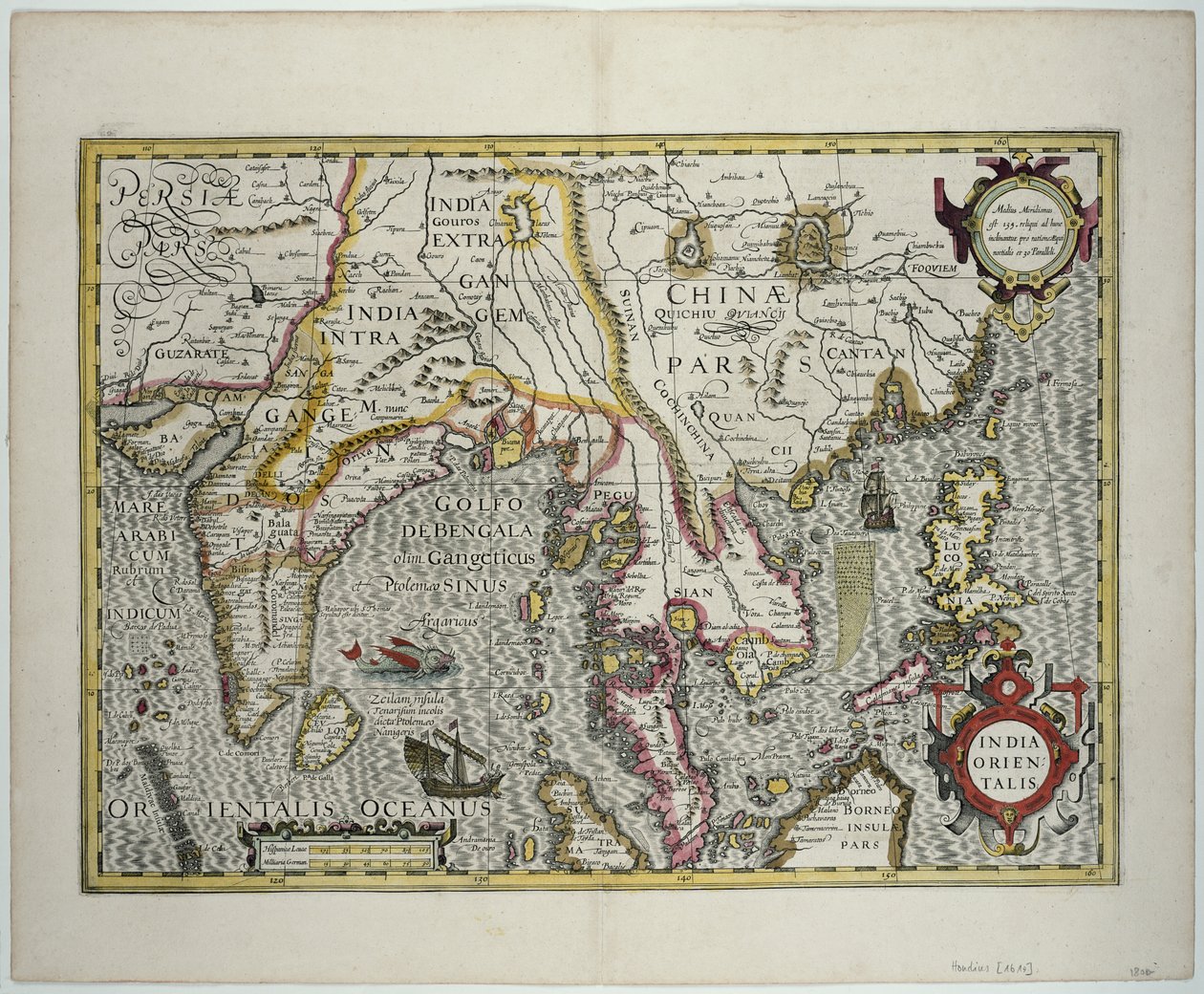 Subkontynent Indyjski do Filipin przez północne części archipelagu indonezyjskiego i Półwysep Malajski, początek XVII wieku (rycina kolorowa) autorstwa Jodocus Hondius