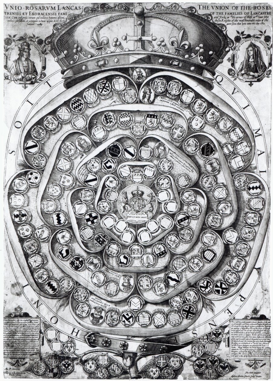 Unia Róż Rodzin Lancaster i York, 1589 (rycina tablicowa) autorstwa Jodocus Hondius